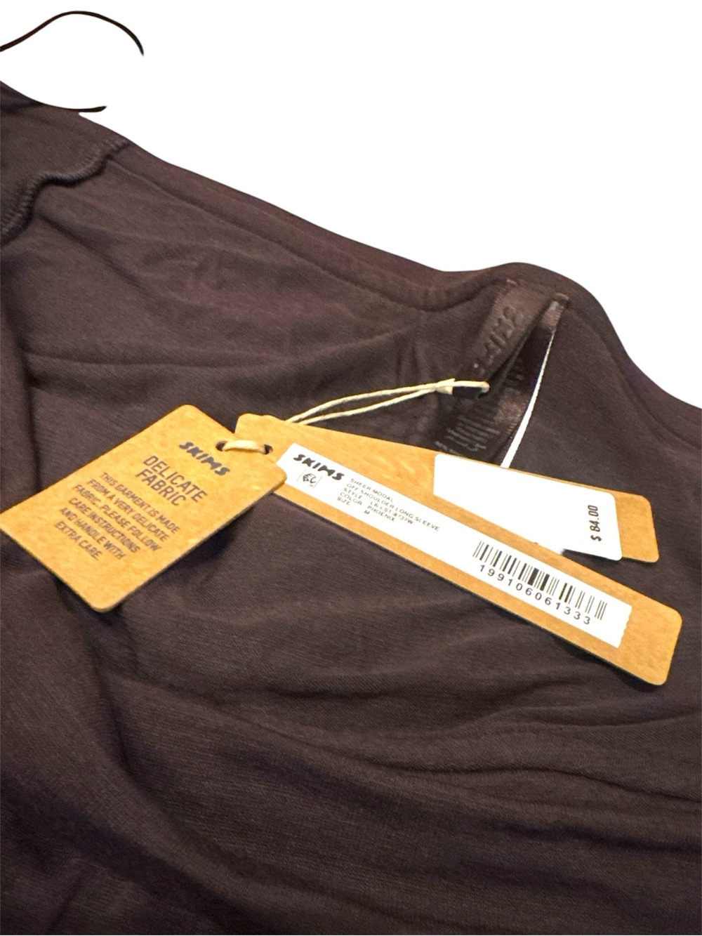 SKIMS Sheer Modal Brown Off-Shoulder Long Sleeve Top size Medium NWT - Picture 2 of 3